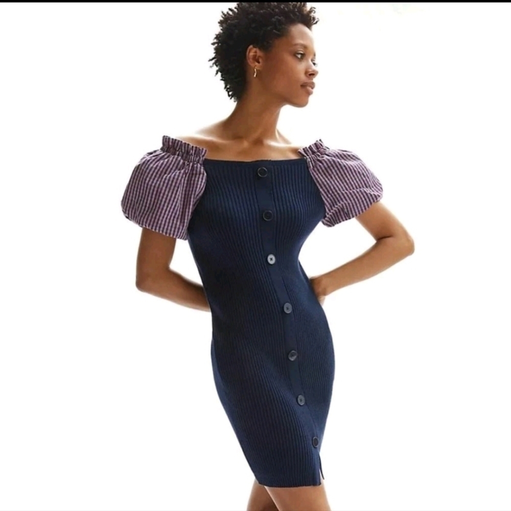 Maeve By Anthropologie PuffSleeved Navy Blue and Striped Button Front Dress Sz S
